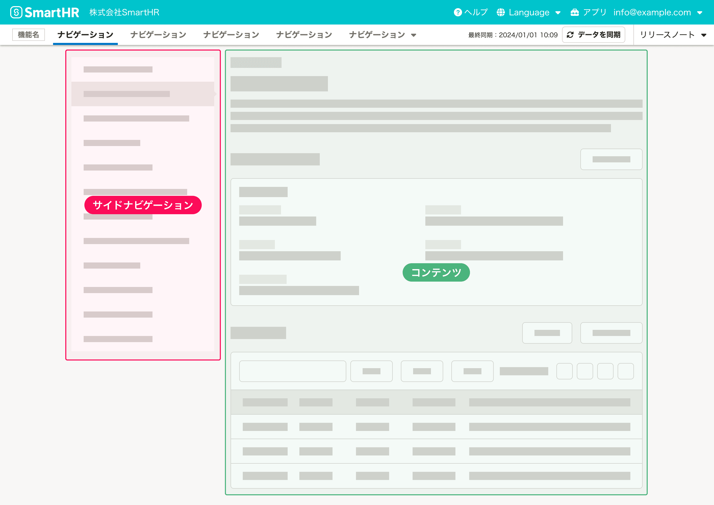 イメージ画像：ヘッダーが最上部にある。その下に、左側にサイドナビゲーション、右側にコンテンツが並んでいる。