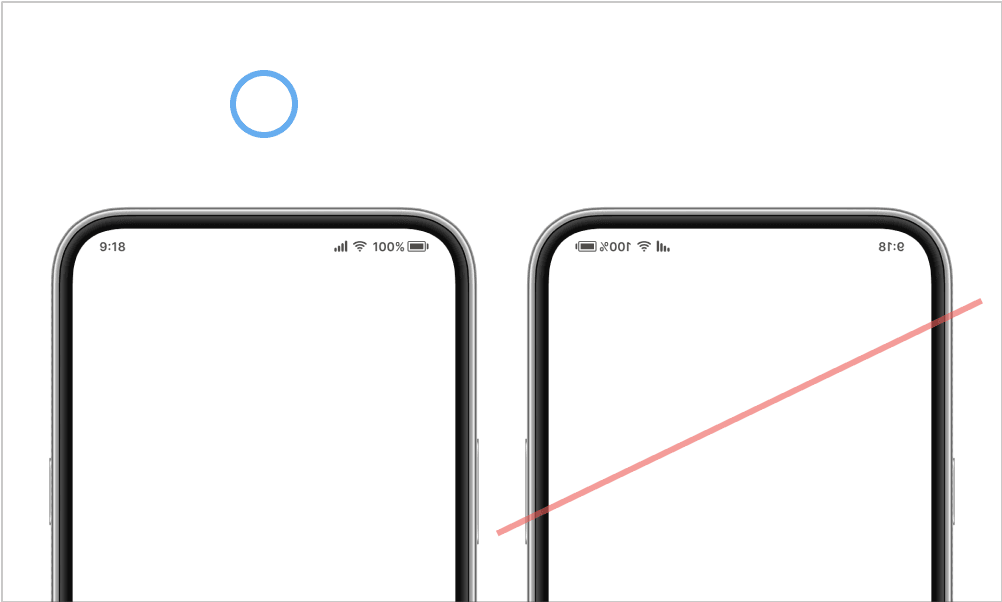 画面左側には、スマートフォンの端末モックの上に円が配置されている。右側には、スマートフォンの端末モックを反転した画像に斜線が引かれている
